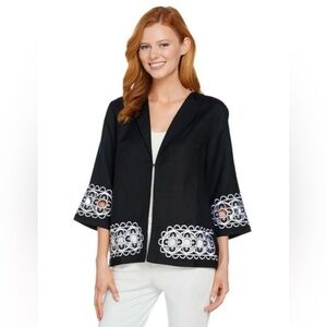 Bob Mackie Art Linen Blend Embroidered Cut Out Jacket Black White Vintage 1X NEW